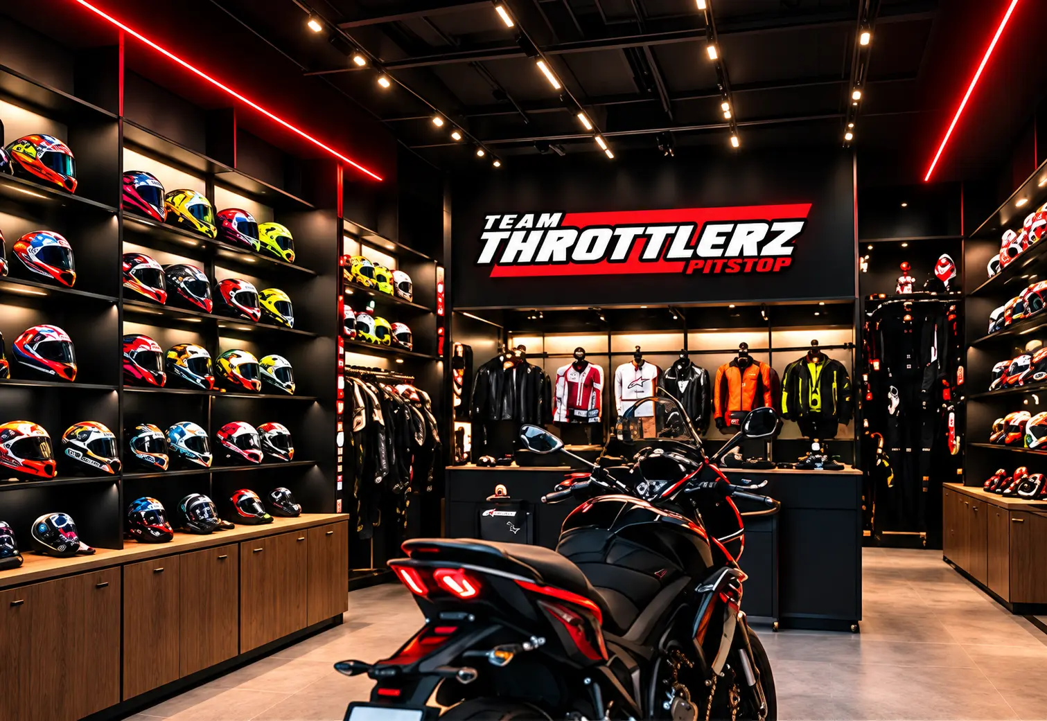 Throttlerz motorcycle showroom featuring helmets, riding gear and motorcycles